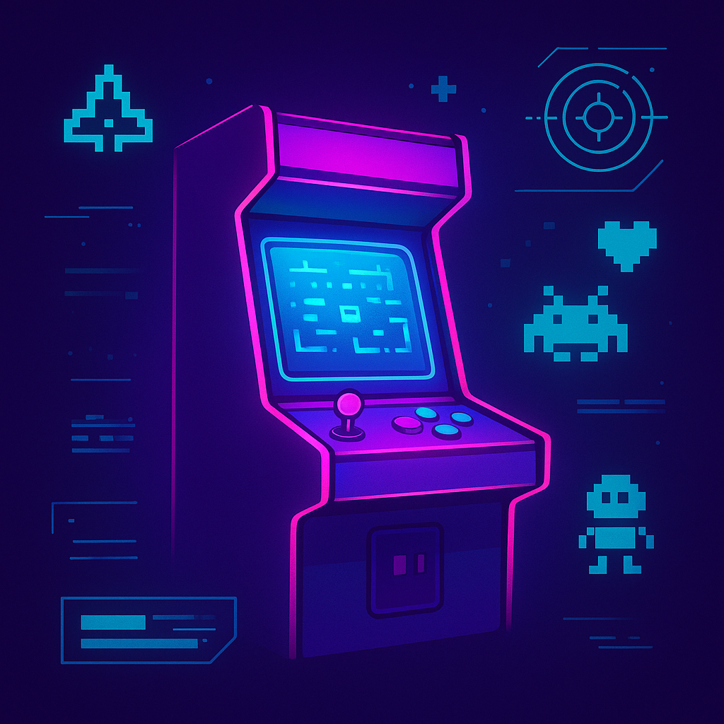 ArcadeAlchemy hero collage: neon cabinet, HUD overlays, sprites