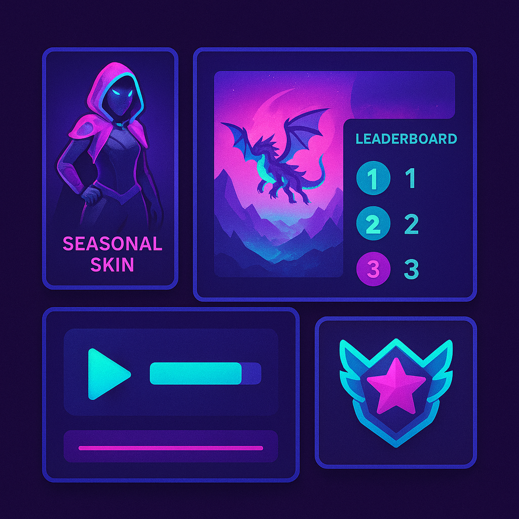 Gallery: snapshot montage of in-game screens, badges and leaderboards